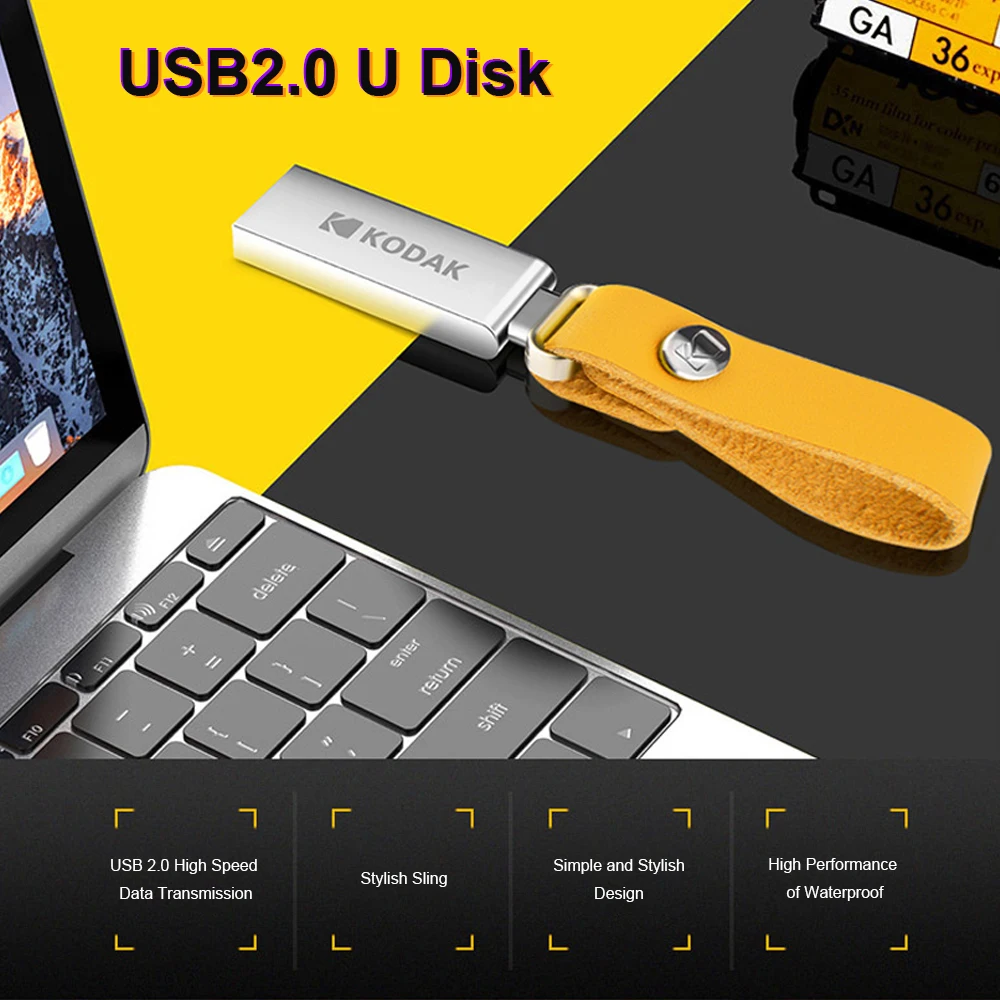 K122 KODAK USB 2,0 u-диск водонепроницаемый ударопрочный 64 ГБ 32 ГБ 16 ГБ USB флеш-накопитель высокоскоростной автомобильный u-диск с кожаной цепочкой