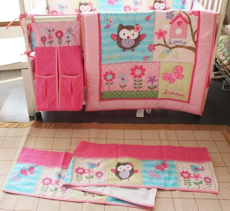 Baby Girl Printing Embroidery Owl Bird Pink Cotton Bedding Include