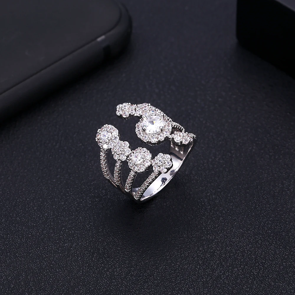 

jankelly flower shape clear white stone with white gold-color micro pave setting adjust wedding ring for women