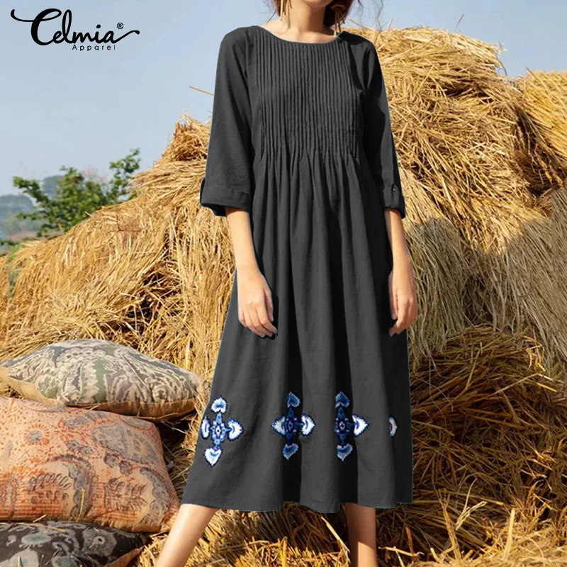 

Plus Size Summer Dress 2019 Celmia Women Printed Long Shirt Dress Female Casual Loose 3/4 Sleeve Chest Pleated Midi Vestidos 5XL