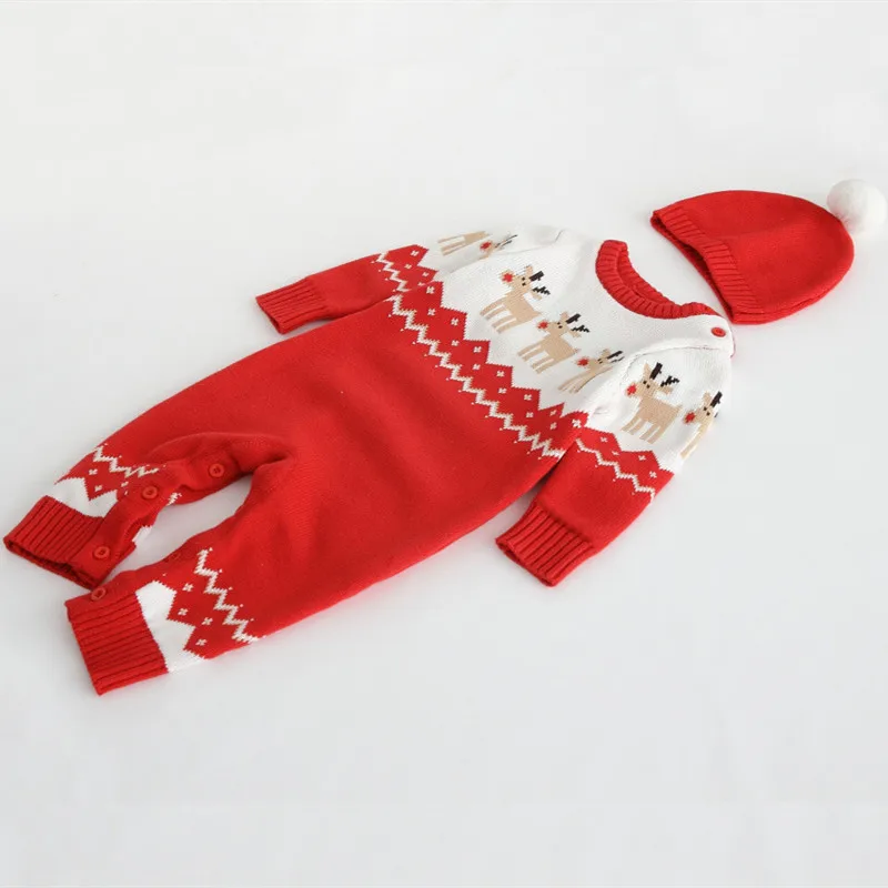 Autumn Winter Baby Hat Romper Suit Knitted Boy Girl Jumpsuit Clothing Layette Newborn Christmas Cotton Kids Clothes Rompers Set