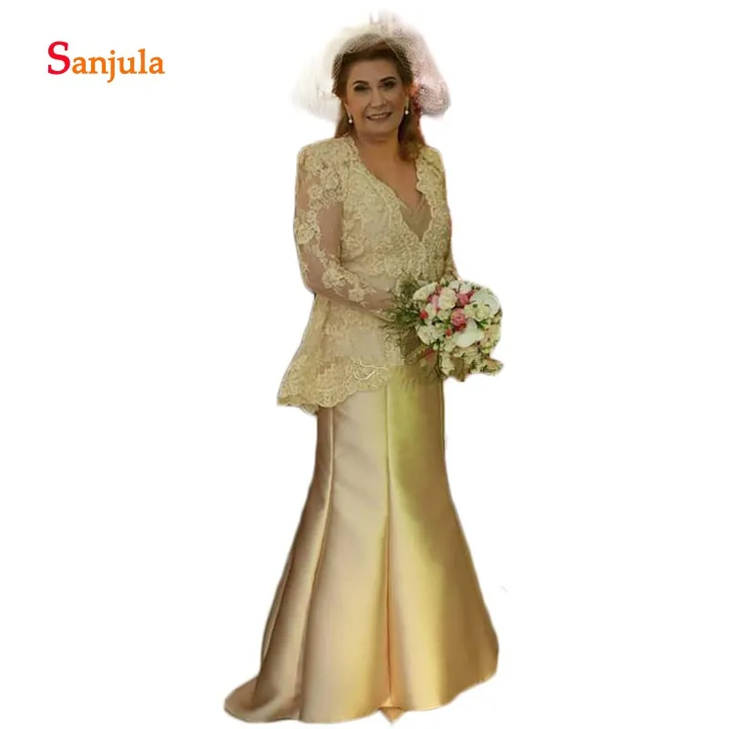 Mermaid Lange Moeder van de Bruid Jurken Lace Top Lange Mouwen Formele Jurken V-hals Peplum Satin Skit Wedding Party jassen D1054 Mermaid Lange Moeder van de Bruid Jurken Lace Top Lange Mouwen Formele Jurken V-hals Peplum Satin Skit Wedding Party jassen D1054