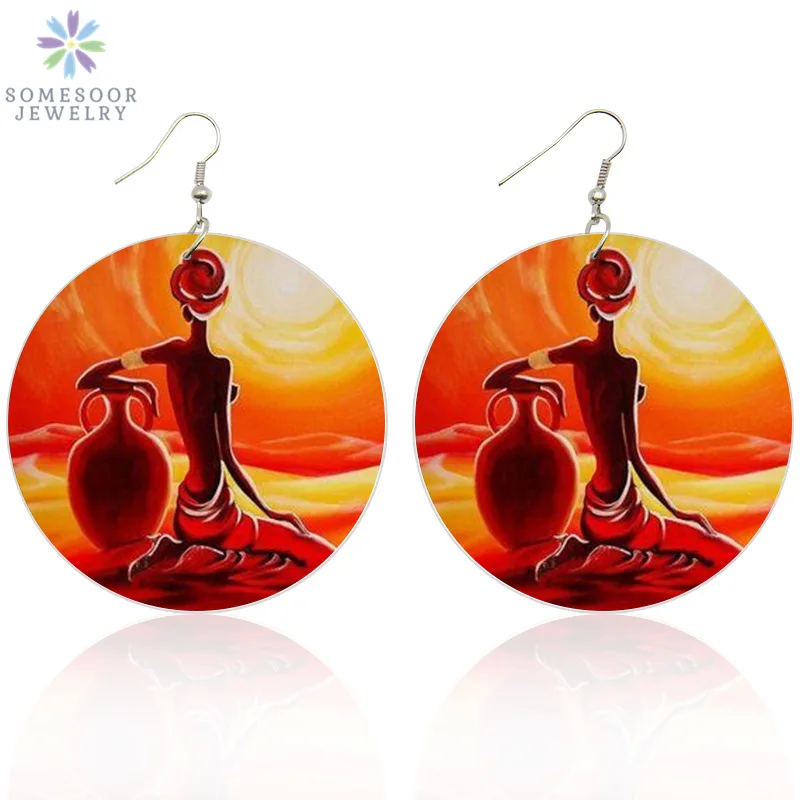 

SOMESOOR Both Sides Painting Afro Ethnic Wood Drop Earrings AFRO Headwrap Woman Tribal Art Pendant Jewelry For Black Women Gift