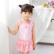 Новинка детей Младенцы прекрасный розовый полосатый клетчатая юбка костюм сиамские цельный купальник