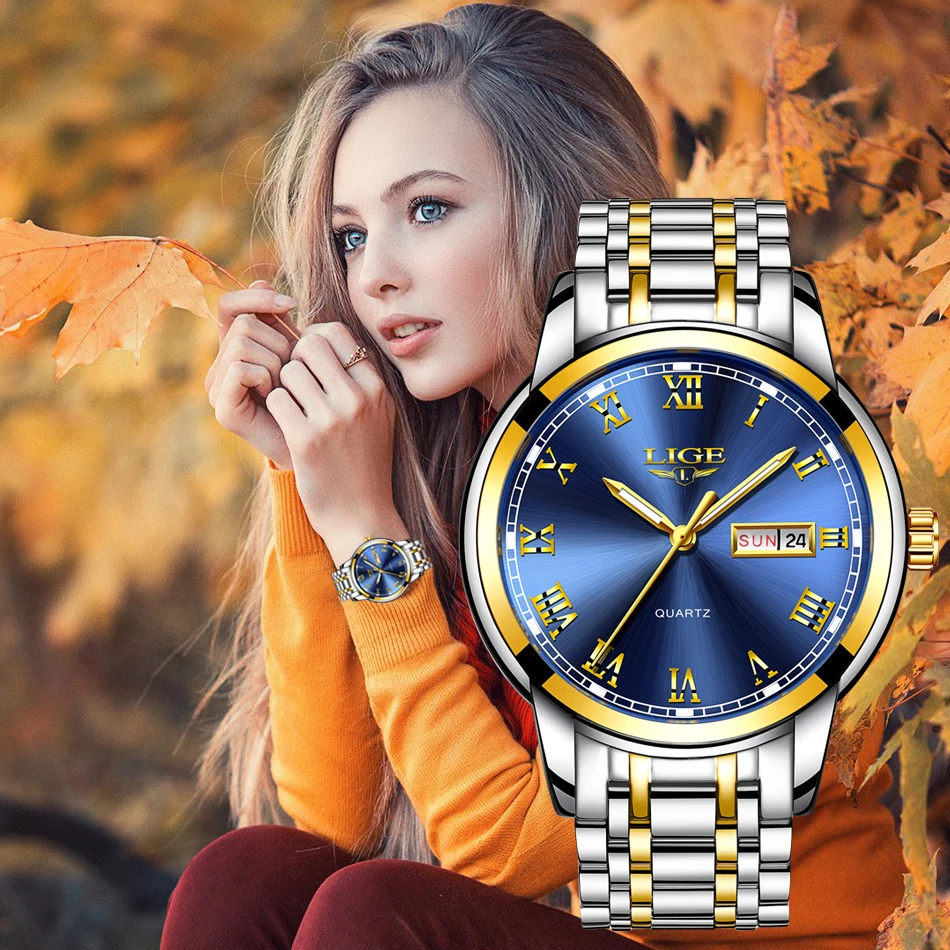 LIGE Couple Watch Gold Blue Watch Women Quartz Watches Ladies Top Brand Luxury Female WristWatch Girl Clock Relogio Feminino+Box
