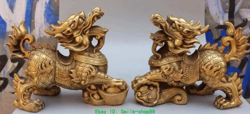 

11" Chinese Bronze Dragon Foo Fu Dog Guardion Lion Incense Burner Censer Statue tools wedding Decoration Brass Bronze