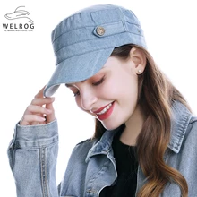 WELROG, винтажная военная шапка, женская, мужская, джинсовая шапка, летняя, одноцветная, синяя шапка, регулируемая, плоская, верхняя, хлопковая, женская, мужская