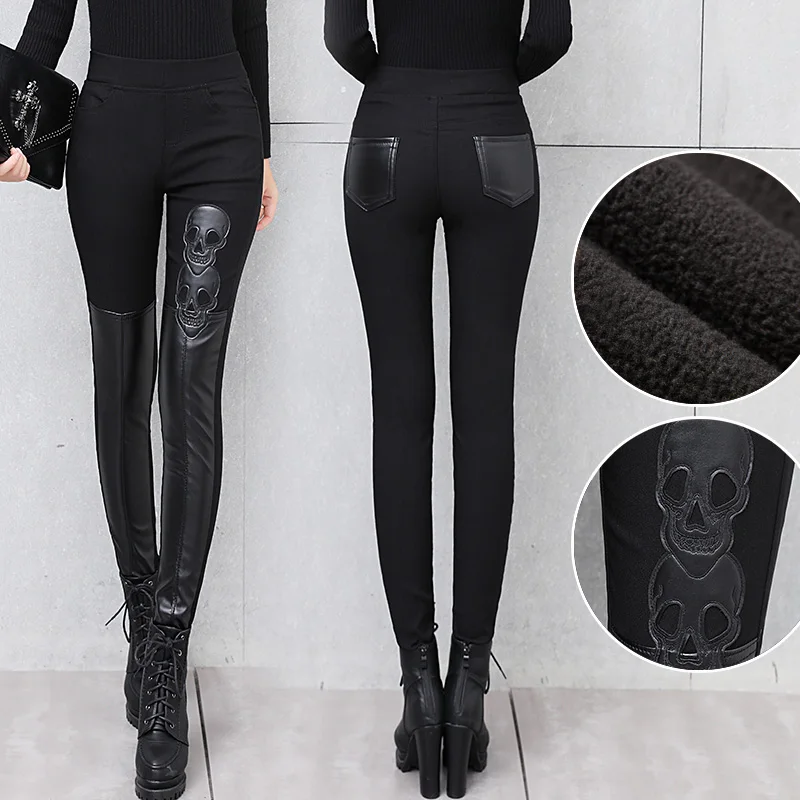 

WKOUD Winter Leather Pants Women Skinny Black Pencil Pants High Waist Skeleton Patchwork Thick Trousers Hot Warm Leggings P8648