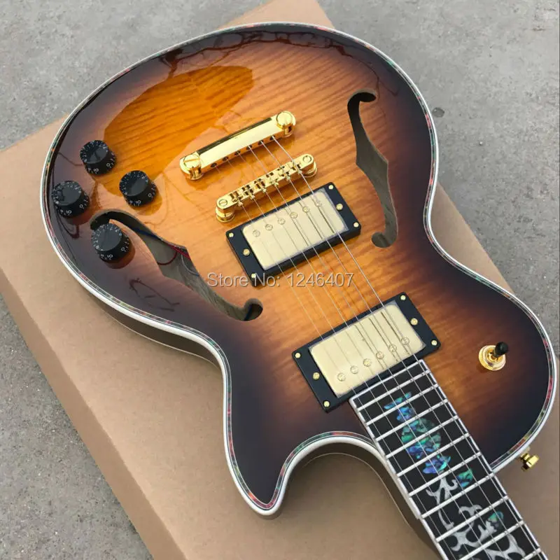 The highest LP hollow electric guitar Maple veneer and back, abalone flower inlaid rosewood fingerboard, abalone combination, cu