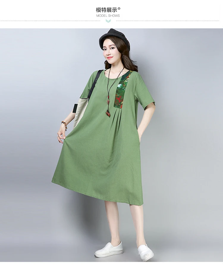 Summer Dress Women Plus Size 2019 Short Sleeve Patchwork Vintage Cotton Line Dress Women O-neck Knee Length Summer Casual Robe 6