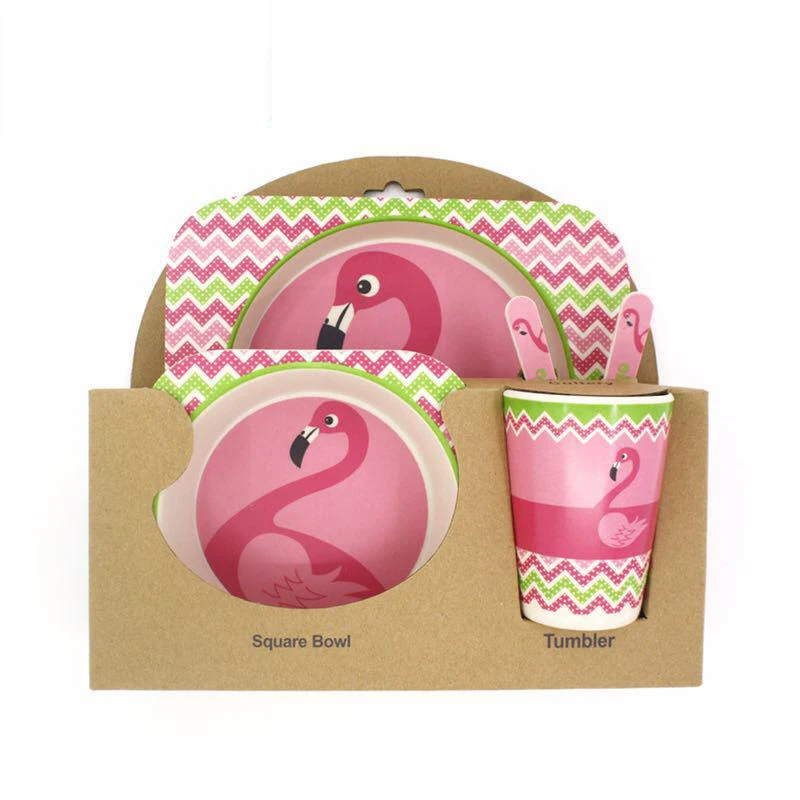 5 шт./компл. тарелка+ бант+ вилка+ чашка с рисунком животных, детская посуда, комплект для кормления из бамбукового волокна, милый детский контейнер, набор посуды - Цвет: Flamingo