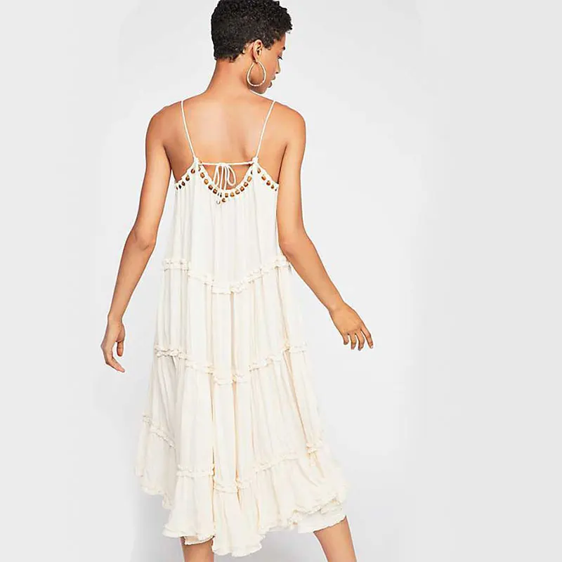 JSMY 2019 New Summer Fashion Women Wave fold Bohemia Style Beaded Sling Beach Dress