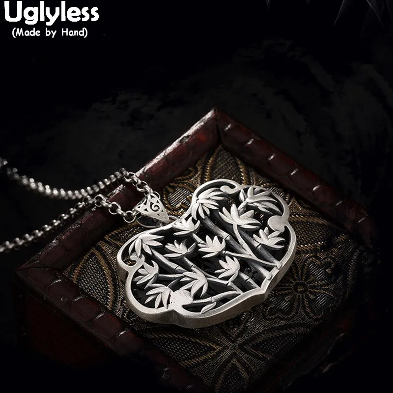 

Uglyless Real 999 Fine Silver Women Handmade Engraved Bamboo Pendants without Chains Hollow Leaves Jewelry Ethnic Vintage Bijoux