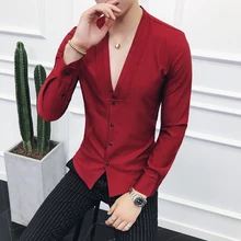 Новые модные мужские рубашки с v-образным вырезом, белые, винно-красные, черные, приталенные элегантные мужские рубашки, Размер 3XL