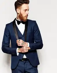 Новый дизайн одной кнопки Темно-синие Жених Смокинги шаль нагрудные Groomsmen Мужские свадебные костюмы для выпускного (куртка + брюки + жилет +