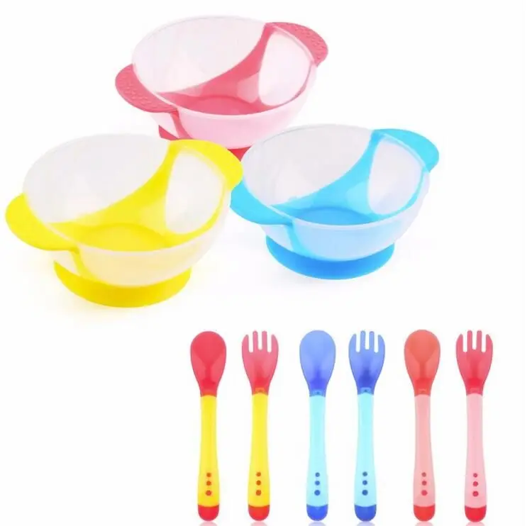 

Hot sales 1Set/3Pcs Baby Spoon Bowl Learning Dishes With Suction Cup Assist food Bowl Temperature Sensing Spoon Baby Tableware