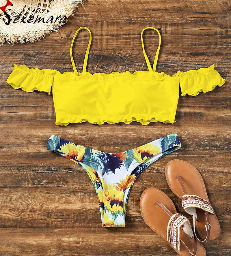 

hot sale off shoulder top bikini bandeau swimwear biquini fio dental brasileiro retro patchwork color floral print swimsuit 2018