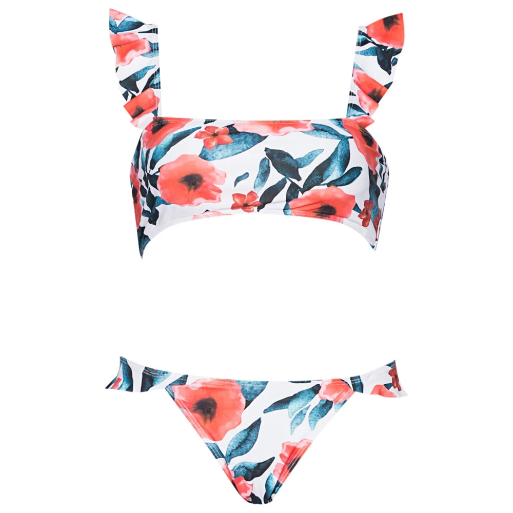 

2019 Two Piece Swimsuit Bathing Suit Square Neck Sleeveless Padded Ruffle Floral Print Low Waist Women Bikini Set