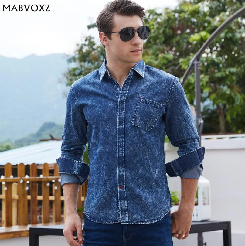 Mens Button-Down Collar Long Sleeve Jeans Blue Cotton Classical Style Casual Dress Shirts