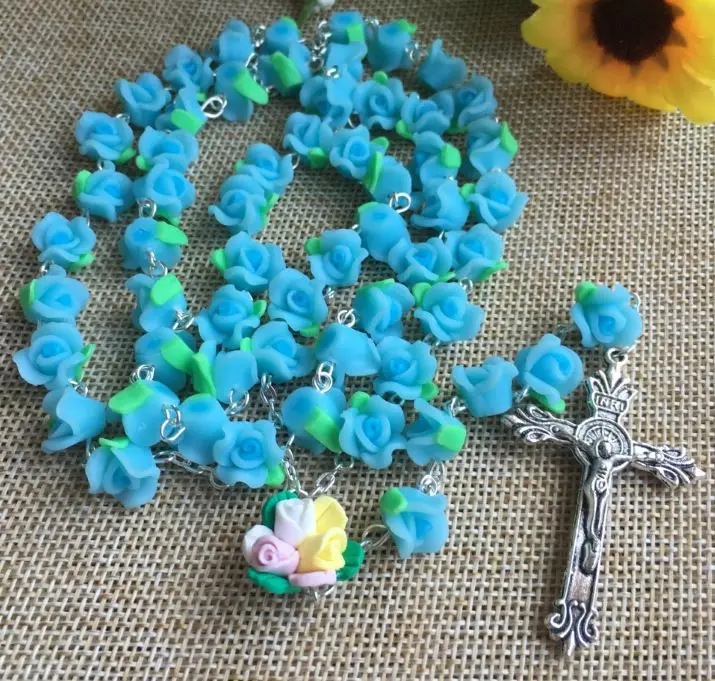 

free ship 1pcs/set catholic Rosary necklace Soft Cerami beads rose rosary religious rosary beads soft clay bead rosary