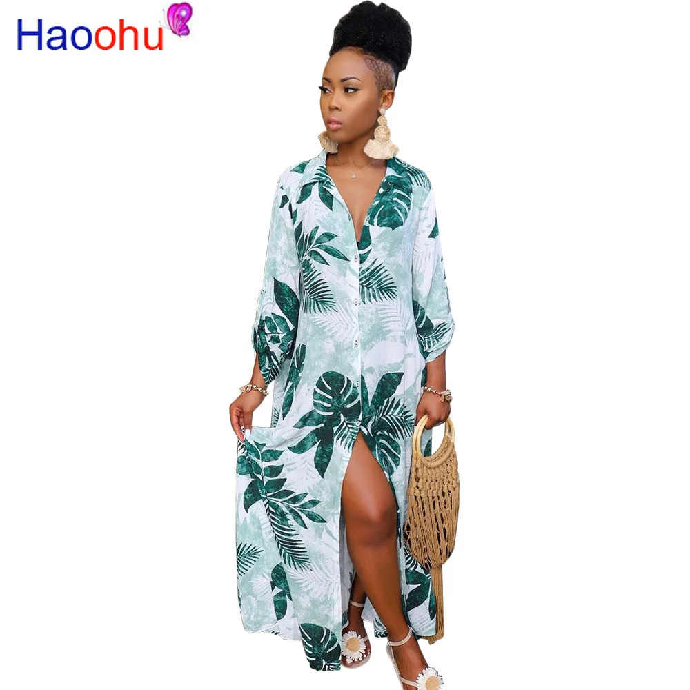 

Leaves Print Summer T Shirt Long Dress Women Turn Down Collar Long Sleeve Beach Dress Casual Buttons Up Front Split Loose Dress
