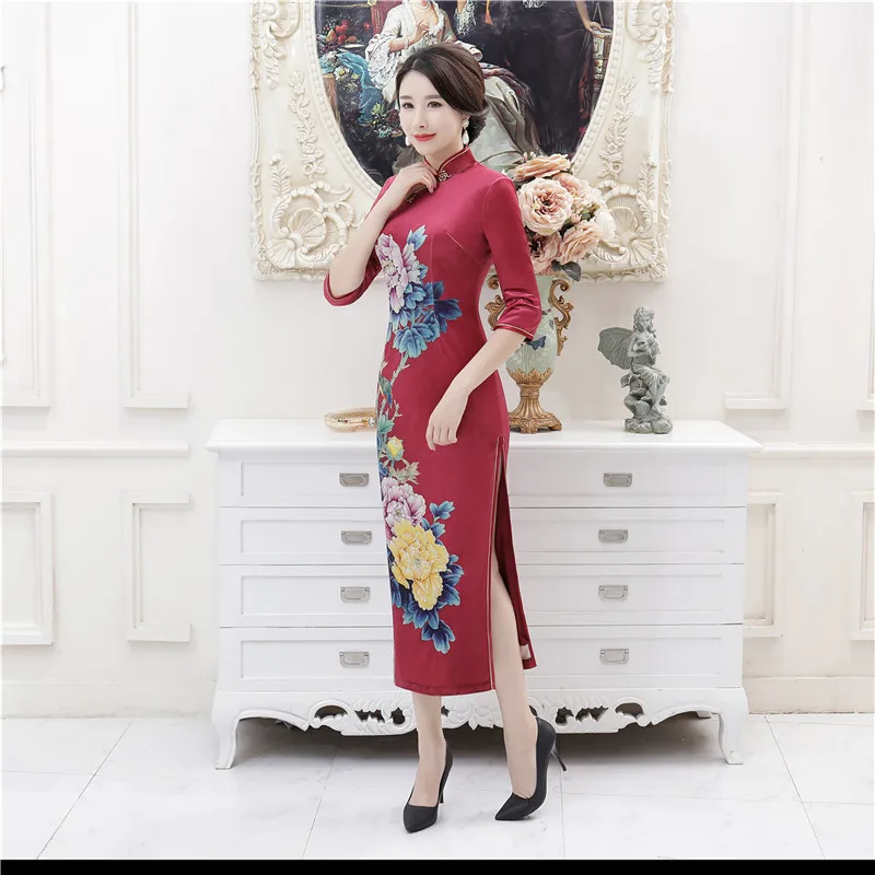 Шанхай история бархат Ципао китайское традиционное платье 3/4 с длинным рукавом платье Ципао китайский Восточный платье
