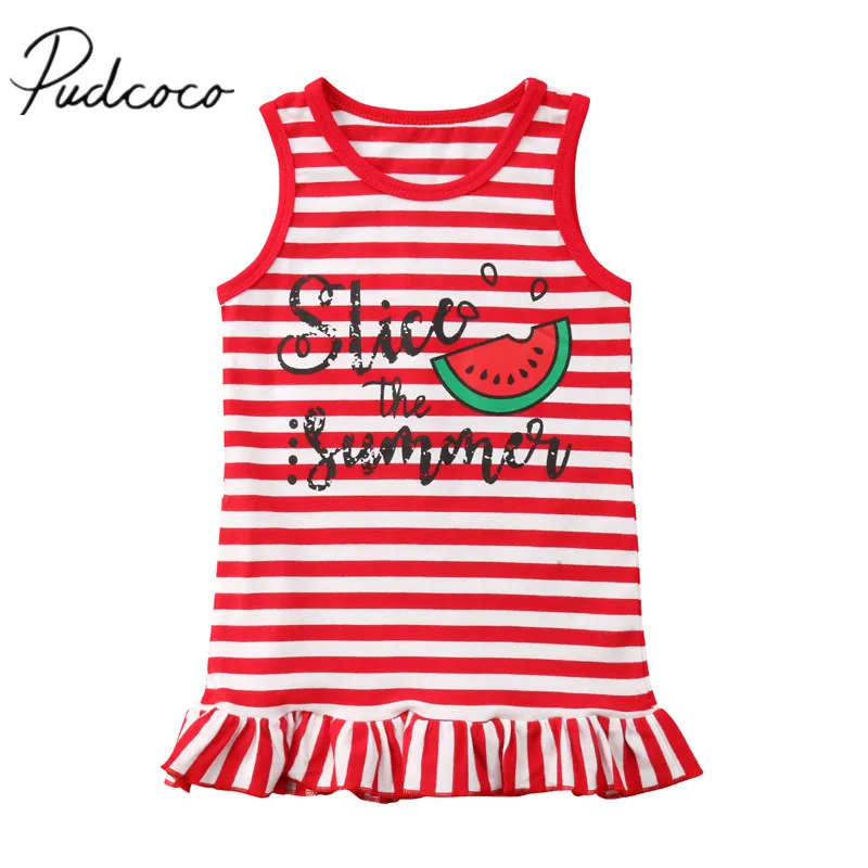 

2018 Brand New Toddler Baby Girls Summer Dress Sleeveless Ruffles Straight Striped Watermelon Red Straight Dress Sundress 1-6Y