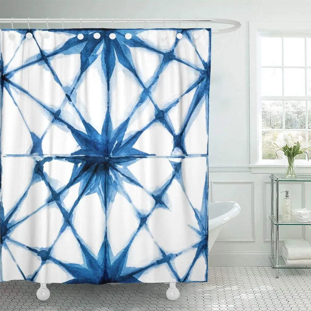 Shower Curtain Blue Geometric Watercolor Shibori Indigo Japanese Tie