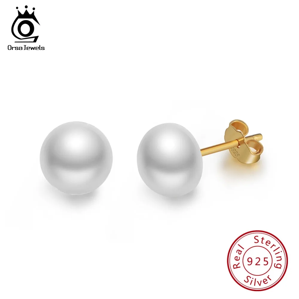 

ORSA JEWELS 925 Sterling Silver Pearl Earrings 8mm White Pink Purple Round Freshwater Pearl Women Earrings Gold Jewelry OSE86