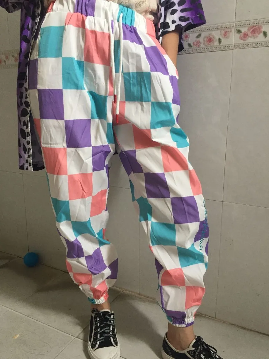 

Plus Size Hip Hop Streetwear Jogger Drawstring Checkerboard Plaid Harem Pant Harajuku Trouser Korean Color Block Cargo Punk Fit
