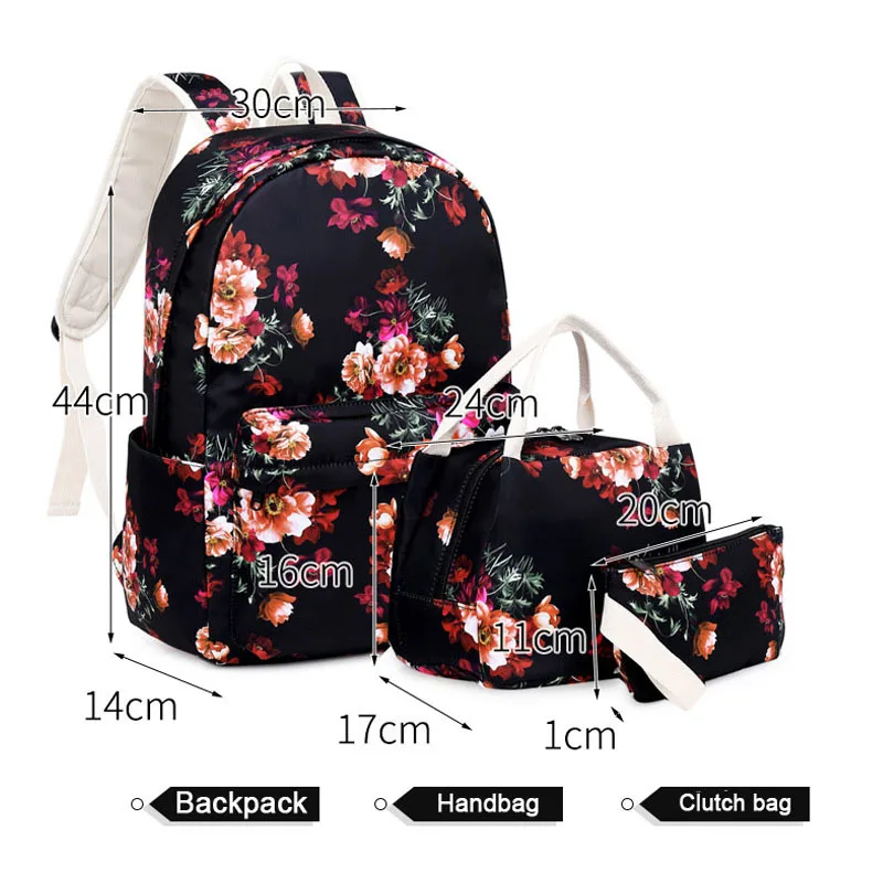 3 pcs Set Girls Flower School Backpack Kids School Bag Nylon Children Bookbag Pencil Bag Bookbag Floral Women Backpacks
