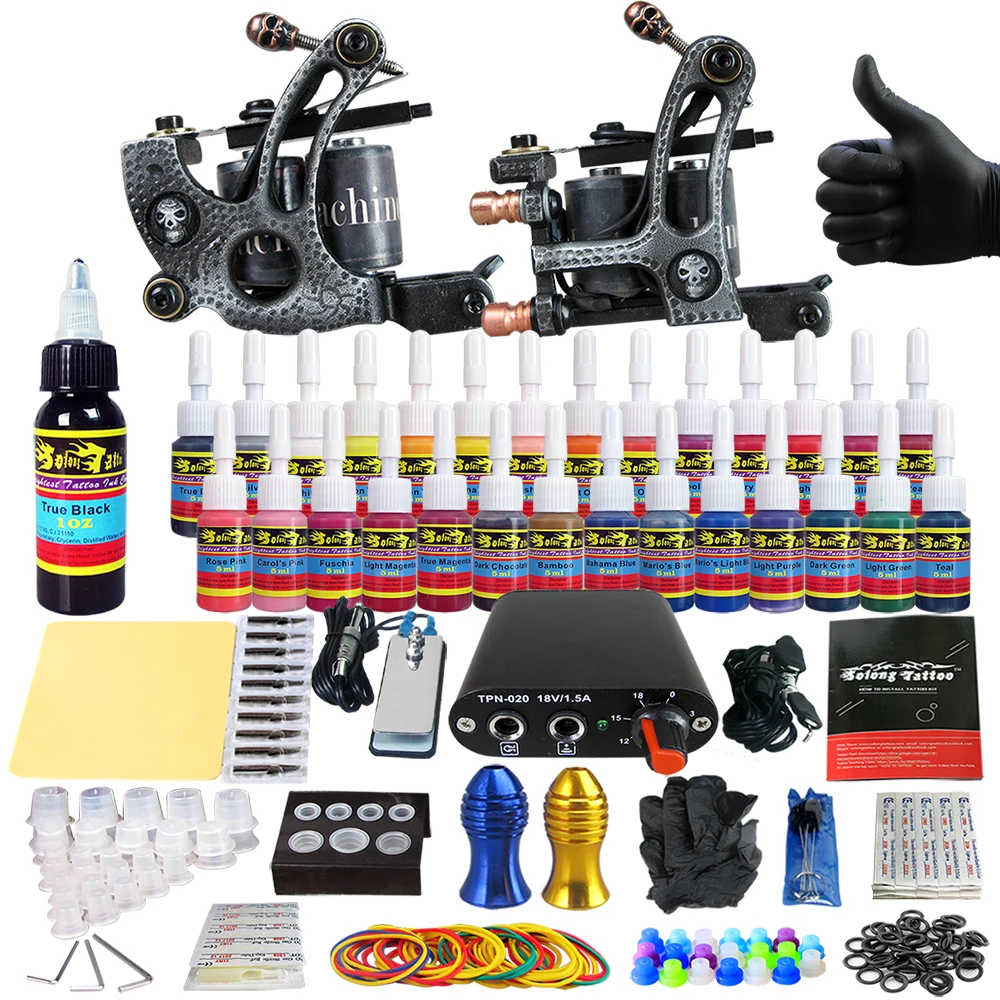 

Hybrid Complete Kit For Tattoo Liner and Shader Beginner Power Supply Foot Pedal Grips Needles Ink Set Tattoo Body&Art TK204-27