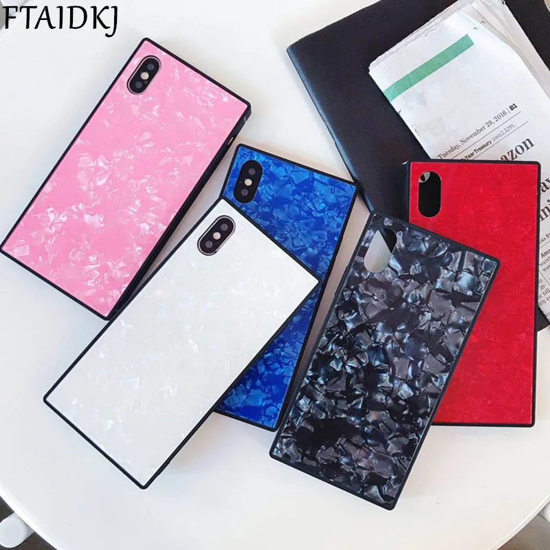 

FTAIDKJ Tempered Glass Square Glossy Phone Case For iPhone 7 Case Conch Shell Pattern Back Cover For iPhone X 6 6S 7 8 Plus Capa