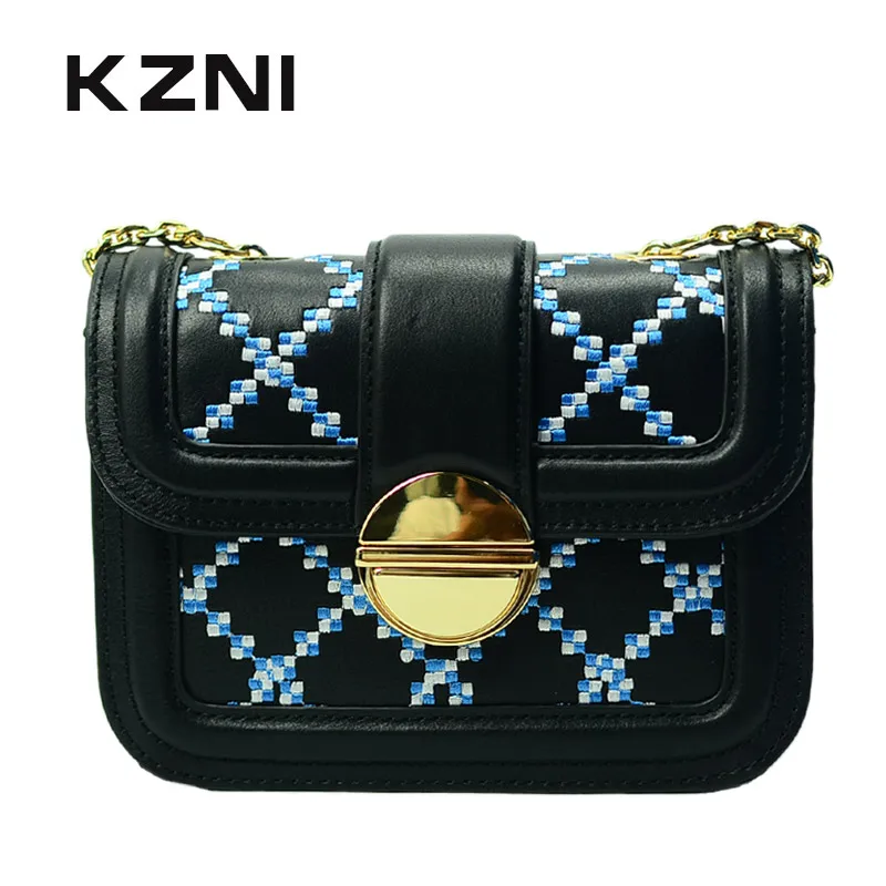 

KZNI Genuine Leather Handbags Women Designer Handbags High Quality Black Chain Bag Messenger Bag Bolsa Feminina Pochette 1432