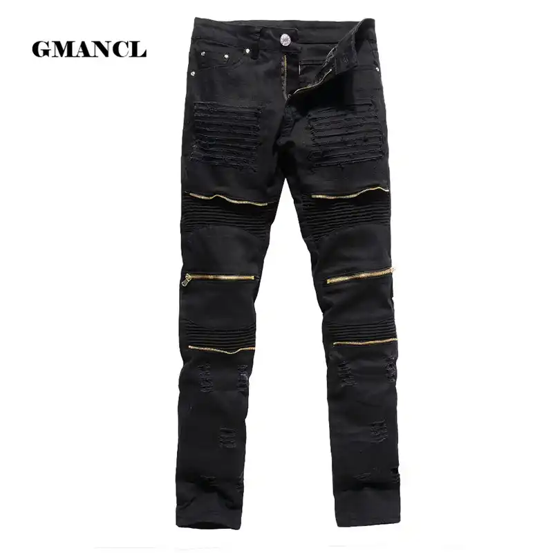 mens black ripped jeans with zippers
