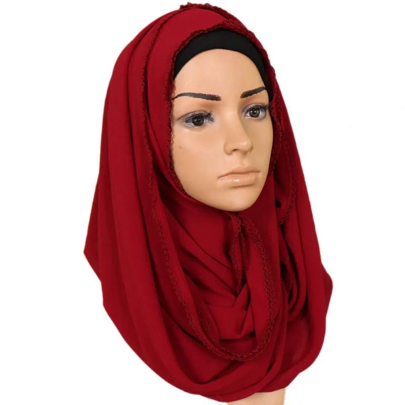 

Arab Muslim Hijabs shawl women's plain chiffon hijab headscarf lace edges scarf teeth side solid bonnet hijab Muslim turban