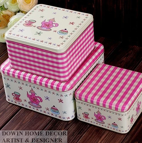 Wholesale 3pc Set Pink Big L Square Tin Candy Can Storage Box