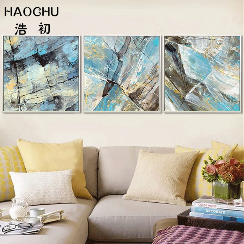 

HAOCHU Triptych Nordic Decorative Pictures Colored Glaze Azure Stone Crack Art Wall Poster Canvas Painting For Living Room Decor