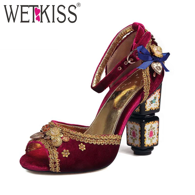 

WETKISS 2018 Women's Sandals Chinese Lantern Print Thick Heels Summer Party Shoes Palace Style Woman Sheepskin Liner Shoes