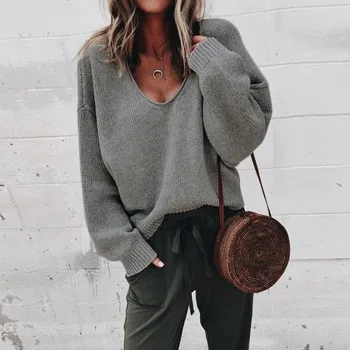 

Casual Knitted Sweater Women Streetwear V Neck Long Sleeve Pullovers Loose Solid Coat 2019 Autumn Winter Women's Sweater DB002