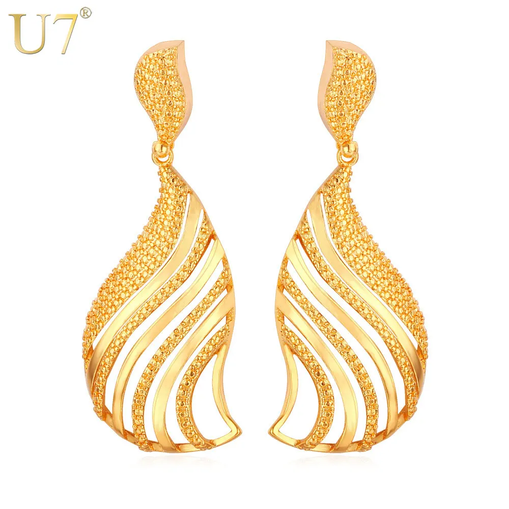 

U7 Fan-Shaped Earrings For Women Gift Gold Color Hollow Vintage Drop Earings Fashion Jewelry Wholesale E671