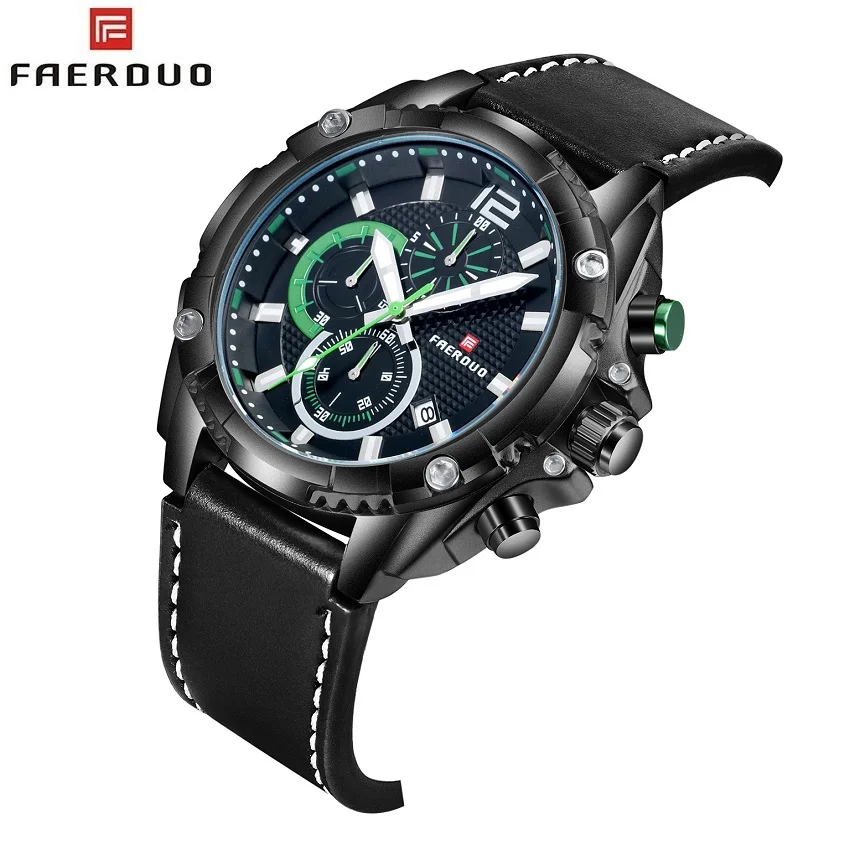 

2019 New FAERDUO Quartz Wristwatches Men Sport Chronograph Men Watch Military Leather Strap Watch For Men Dropshipping F8213M