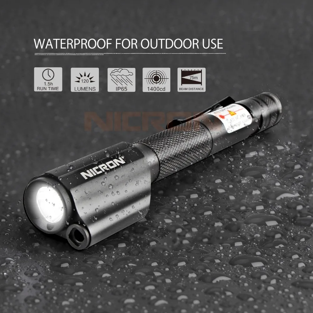 US $24.23 NICRON Mini Pen Style Flashlight With Red Laser For Guide Use Waterproof IP65 2xAAA Battery 120LM Mini Torch Lamp Lighting B24
