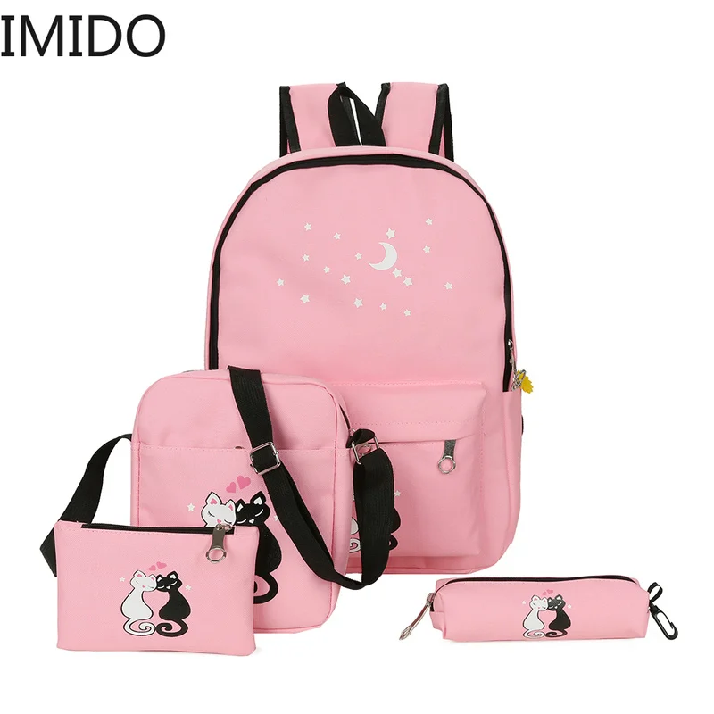 

4Pcs/set 2018 Canvas Women Backpack Schoolbag Printing Cute Cat School Bag Bagpack for Teenager Girls Sac A Dos Mochila Feminina