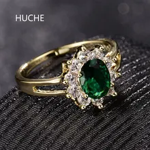 HUCHE Luxury Gold-Color Rings for Wedding Green Flower CZ Zircon Finger Band Rings for Women Lady Mother’s Day Jewelry HYJR333