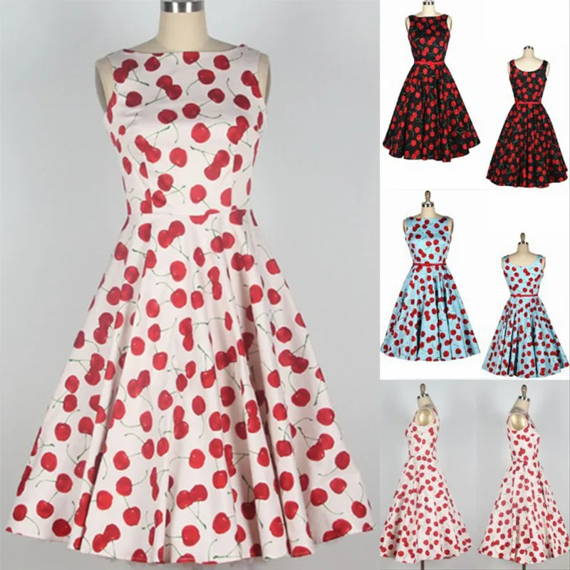 

Audrey Hepburn Retro Vintage Style 50s Pinup Rockabilly Cherry Print Plus Size Women Summer Sleevelss Slim Big Swing Tutu Dress