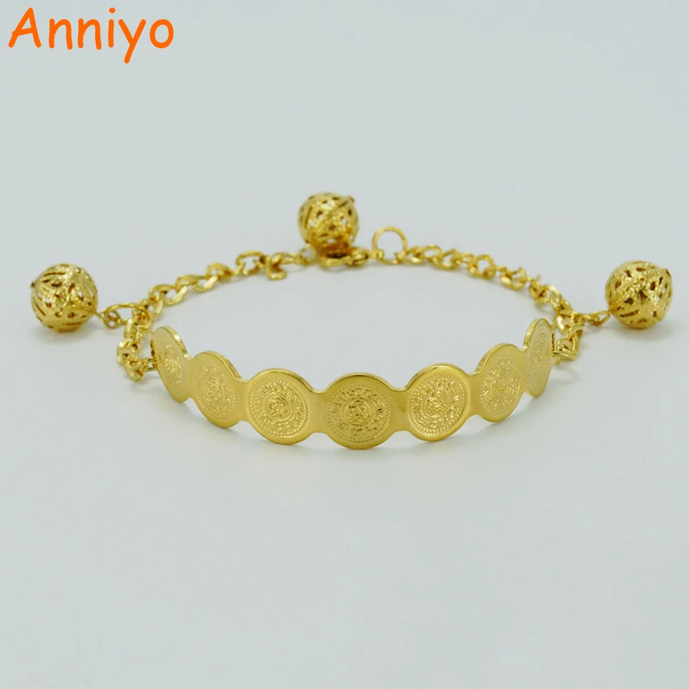 

Anniyo 20CM + 4CM,Metal Coin Bracelet for Women Gold Color Bead and Coin Bangles,Arab Hand Chain Jewelry #027606