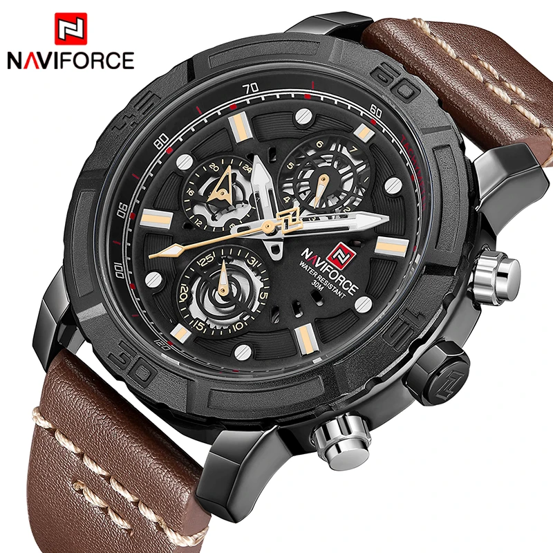 

Mens Watches NAVIFORCE Top Luxury Brand Male Leather Multi-function Quartz Watch Mens Waterproof Sport Clock Relogio Masculino