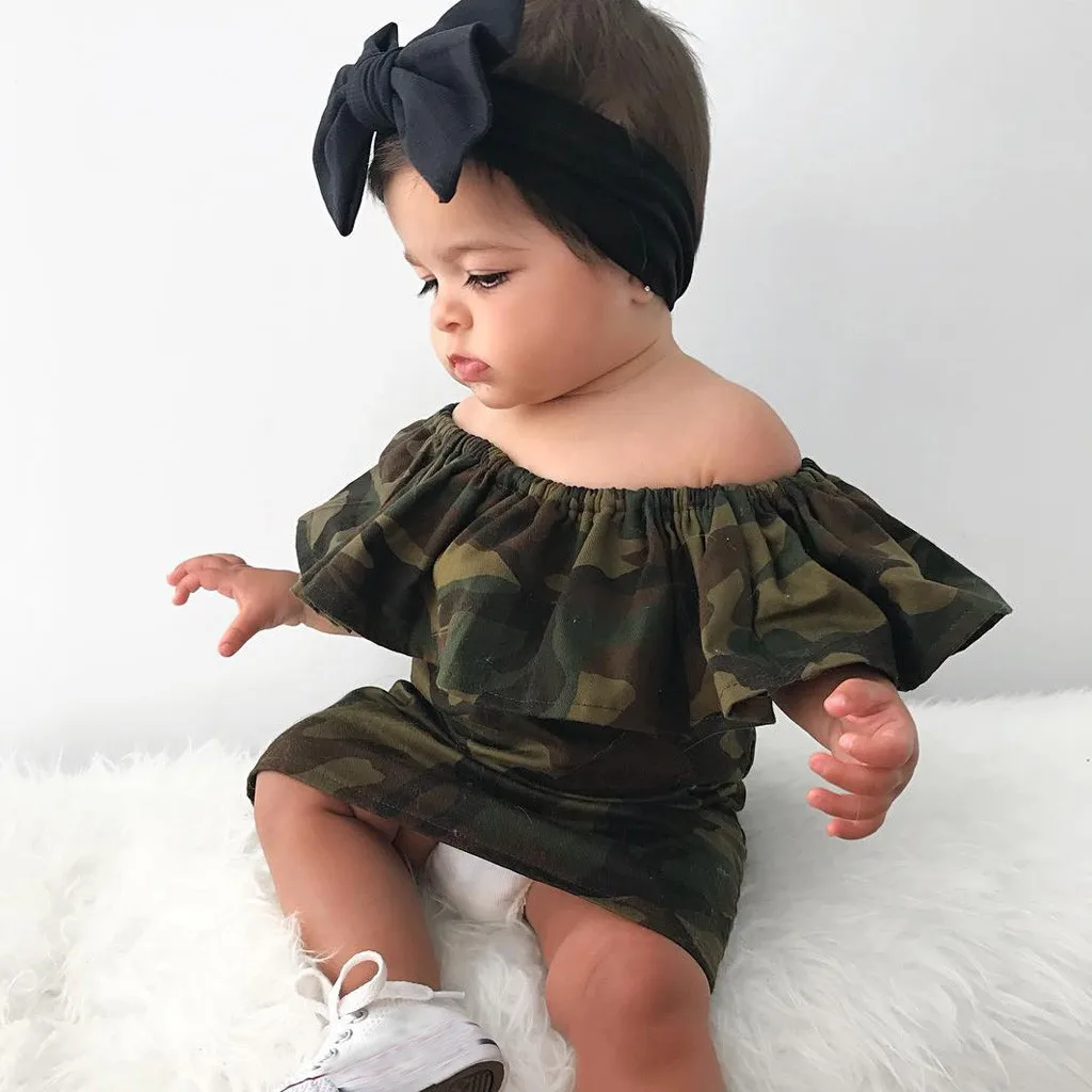 

Toddler Kid Baby Girl Camouflage Printed Off Shoulder Princess Dress Clothes 2019 NEW Drop Shipping