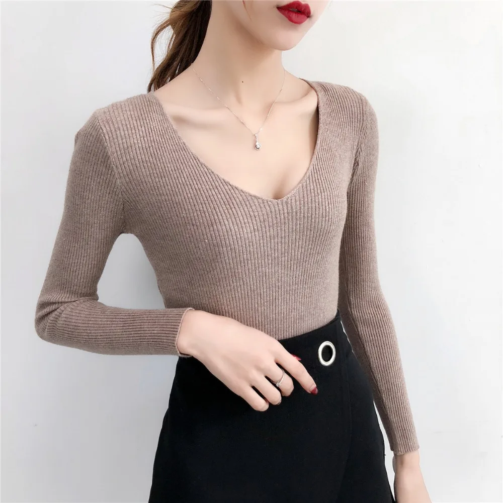 

Pull Femme Sexy Deep V Neck Women Sweaters And Pullovers 2018 Winter Pink Gray Knitted Warm Jumper Slim Stretch Sweater Female